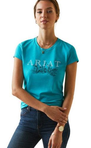 Ariat Ladies Toile Viridian Green Dog Scene Short Sleeve T-Shirt CLOSEOUT