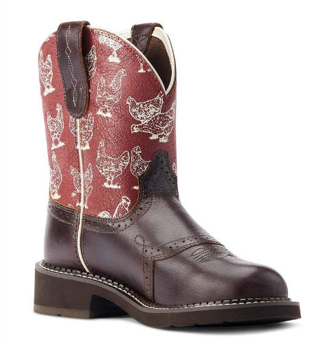 Ariat Fatbaby Heritage Farrah Western Boot- Chocolate Chip Chicken Print