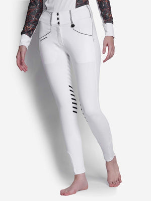 Equine Couture Saddle Stitch Extended Knee Patch Ladies Breeches-White-28