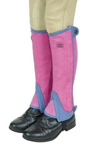 TuffRider Children's Keeneland Synthetic Half Chaps- Pink w/ Light Blue- M