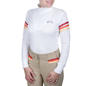 Equine Couture Women's Gradient Long Sleeve Show Shirt w/ Arm Stripes- White/Red - Large