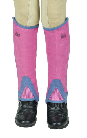 TuffRider Children's Keeneland Synthetic Half Chaps- Pink w/ Light Blue- M