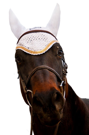 Equine Couture Fly Bonnet with Gold Chain - White - Pony