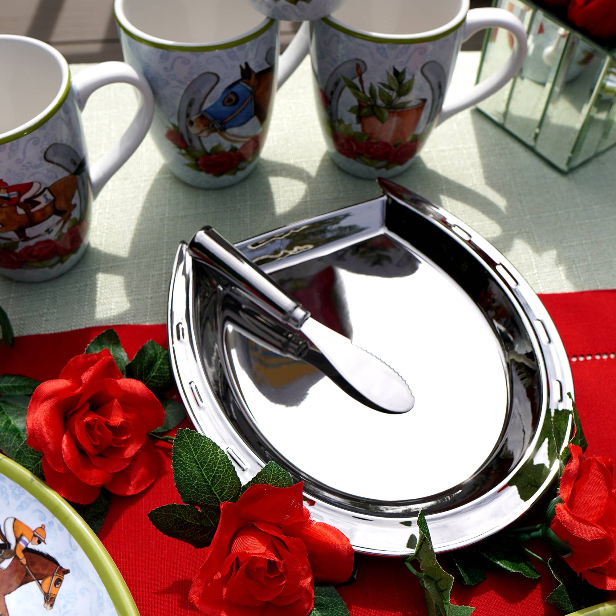 Certified International - Day at the Races Silver Plate Horseshoe Cheese Plate w Knife