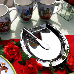 Certified International - Day at the Races Silver Plate Horseshoe Cheese Plate w Knife