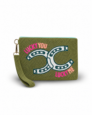 Tucker Tweed Equestrian- Lucky You, Lucky Me Large Beaded Pouch - The Carousel Horse