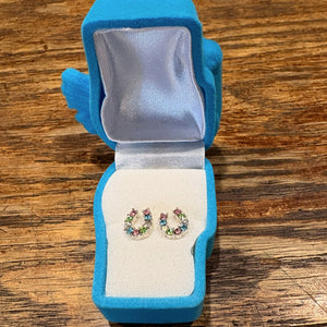 NEW WITH DEFECT AWST Int'l Rhinestone Horseshoe Earrings w/Horse Head Gift Box