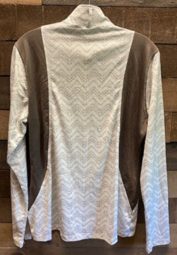 GENTLY USED- Kerrits Easy Stride Ice Fil Long Sleeve Shirt OYSTER HOOFPRINT CHEVRON/SABLE SIZE LARGE