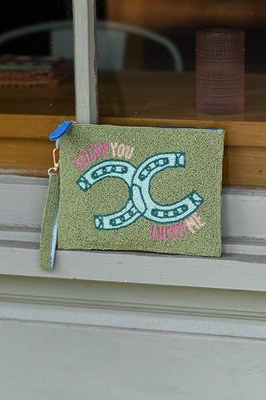 Tucker Tweed Equestrian- Lucky You, Lucky Me Large Beaded Pouch - The Carousel Horse