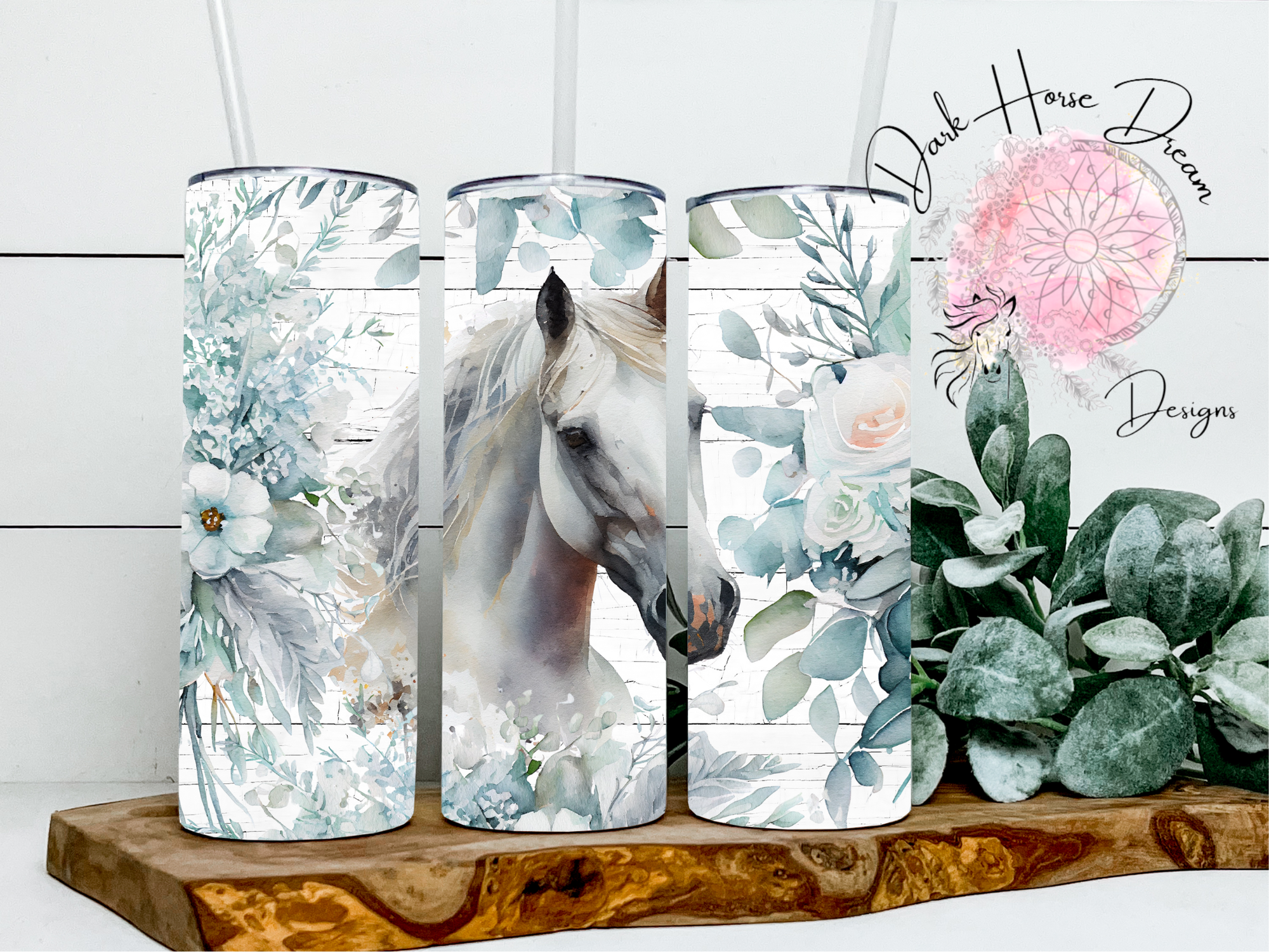 Dark Horse Dream Designs LLC Tumbler- Blue Floral Pastel Equine